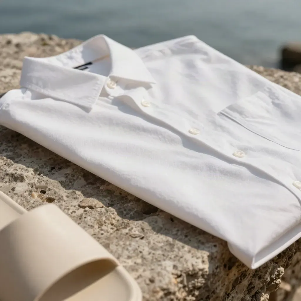 Macro di camicia resort in cotone su pietra, colletto aperto, polsino e slide chiara.
